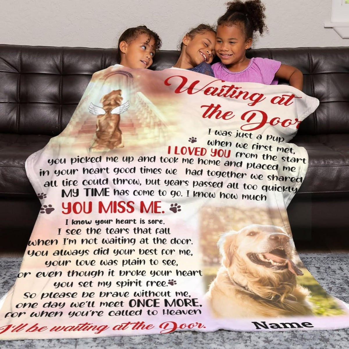 Waiting At The Door Custom Dog Memorial Blanket Personalized Pet Loss Sympathy Blanket with Picture Words for Dog Cat, Pet Memorial Gifts