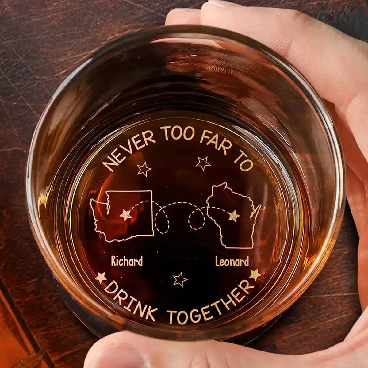 Never Too Far To Drink Together Gift For Friend Long Distance Friend - Personalized Engraved Whiskey Glass