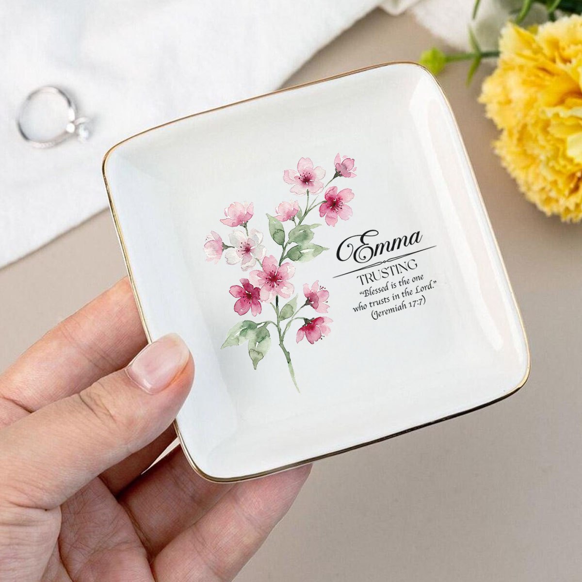 Custom Birth Flower Initial With Bible Verse - Personalized Jewelry Dish - Christian Gift For Her, Birthday Gift