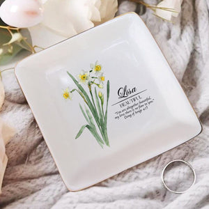 Custom Birth Flower Initial With Bible Verse - Personalized Jewelry Dish - Christian Gift For Her, Birthday Gift
