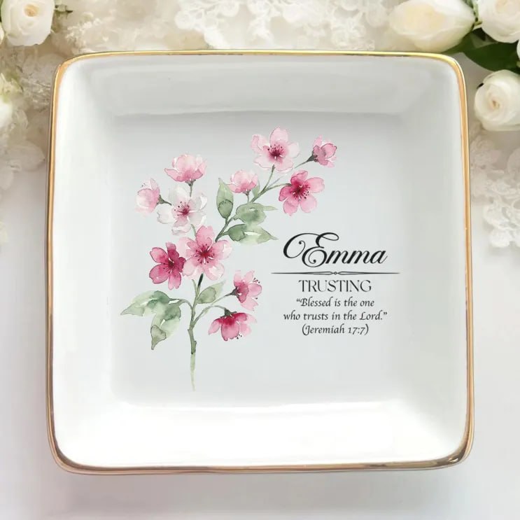 Custom Birth Flower Initial With Bible Verse - Personalized Jewelry Dish - Christian Gift For Her, Birthday Gift