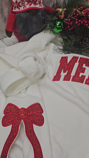 Merry Side Bow Cut-Out Sweatshirt, Glitter Applique Christmas Sweatshirt, Trendy Coquette Bow, Side Bow Sweatshirt