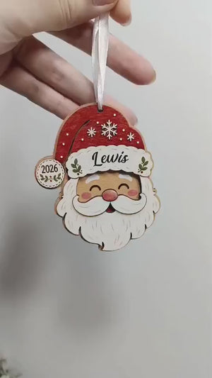 Personalized Santa Ornament, Custom Wood Christmas Decor with Child Name and Year, Kids Holiday Keepsake Gift