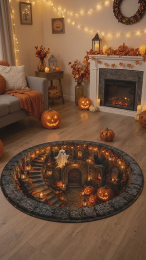 Flat Halloween Haunted Well Round Rug, 3D Ghost Skeleton Black Cat Carpet, Pumpkin Cellar Illusion Floor Decor
