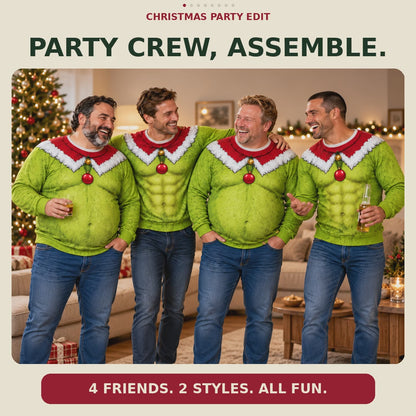 Funny Green Fur Ugly Christmas Sweatshirt, Fake Abs Santa Clause Ugly Sweatshirt, Green Christmas Cosplay Outfit, Christmas Party Costume, Funny Gìt b7f4f181-237c-4d68-a923-1e5a6ef3f4c6-Party_Crew_Fun_16s_Square.mp4