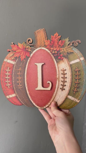 Personalized Football Pumpkin Door Hanger, Rustic Fall Wooden Monogram Sign, Farmhouse Autumn Porch Decor, GIFT 2026, Custom Initial