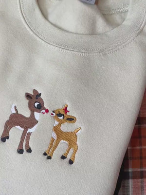 Embroidered Christmas Sweatshirt Retro Reindeer Design