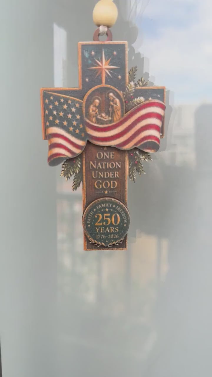 Faith Family Freedom Patriotic Cross Ornament, American Flag 2D Wooden Christmas Decor, One Nation Under God Gift 2b6c9f26-aeea-4467-89da-d16ed52115a6-vid_v1-2-.mp4