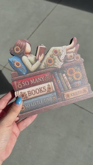 Personalized Book Lover Wooden Block, Custom Name Reading Girl Shelf Decor, Sunflower Bookish Gift, Library Desk Sign