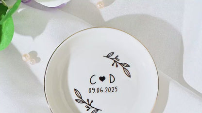 Personalized Ceramic Ring Dish, Wedding Ring Dish, Initials and Date Jewelry Dish, Valentines Day Gift for Wife Girlfriend, Anniversary Gift