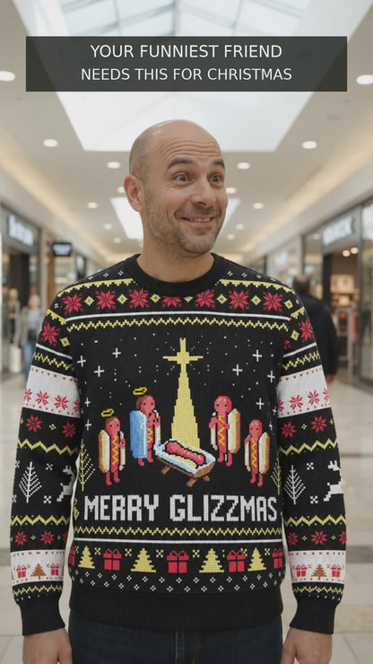 Merry Glizzmas Sweatshirt, Funny Hot Dog Christmas Sweater, Pixel Ugly Xmas Shirt, Meme Holiday Gift, Food Humor Winter Outfit 5ea1d44b-b3b3-4174-b71f-c8b54c423da1-Merry_Glizzmas_Video_20s.mp4