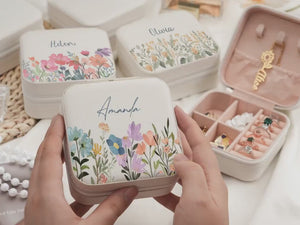 Personalized Travel Jewelry Box, Floral PU Leather Mini Organizer Case, Custom Name Bridesmaid Gift, Birthday & Holiday Gift for Women
