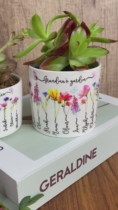 Personalized Grandma's Garden Outdoor Flower Pot With Grandkids Name and Birth Flower For Mother's Day