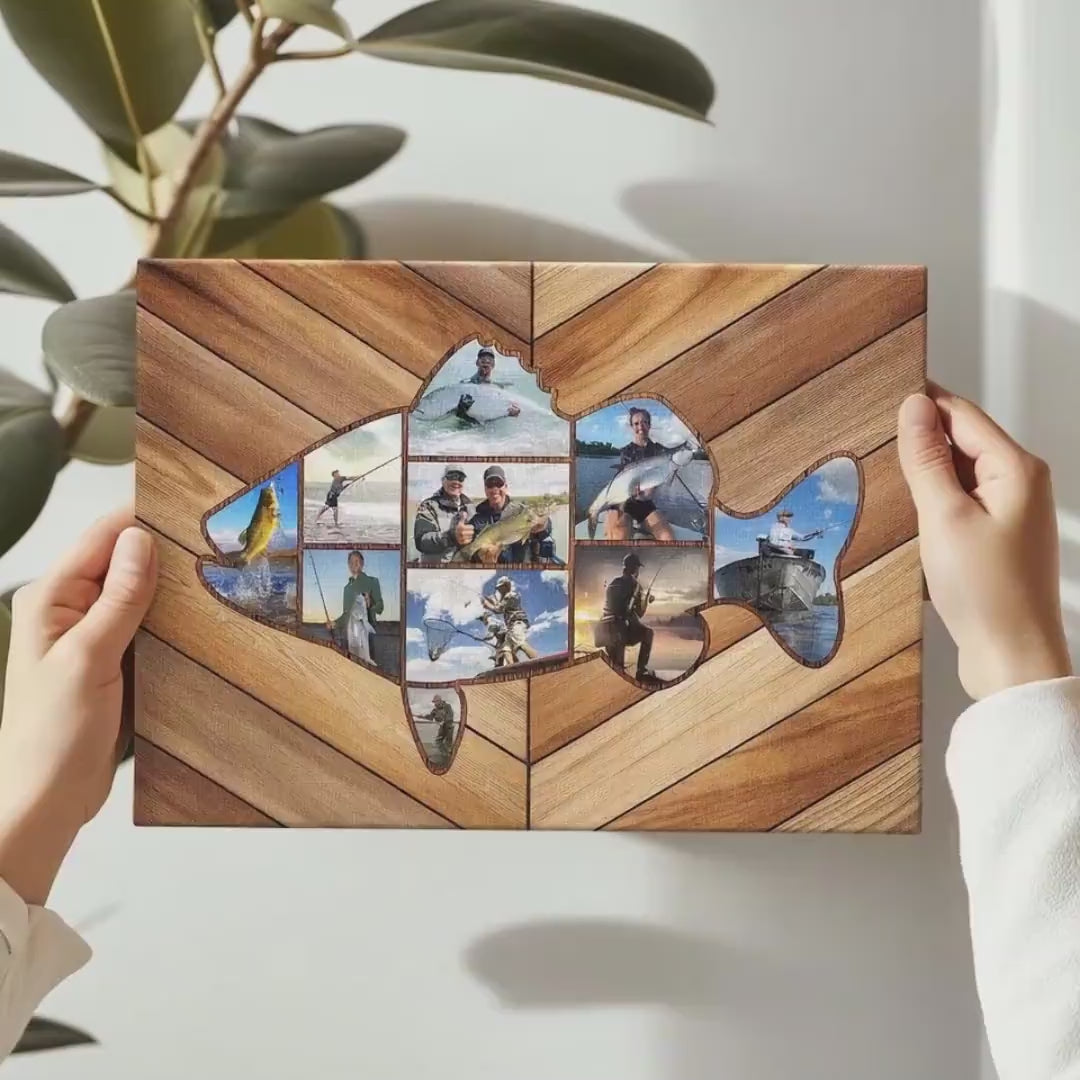 Custom Fishing Photo Collage Canvas, Fish Shape Personalized Wall Art, Unique Gift for Dad, Anniversary, Birthday Fishing Theme Décor 13d5e07e-896d-4218-b83b-9547e6bbf4d6-ghnjfrde.mp4
