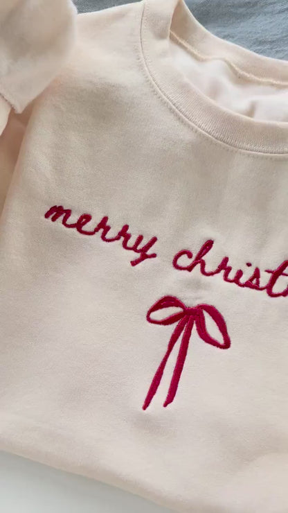 Embroidered Christmas Sweatshirt Merry Christmas Bow Design