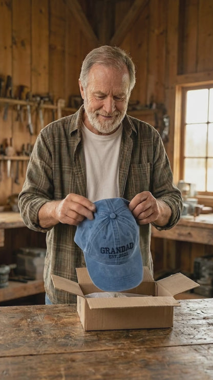 Personalised Grandpa Hat with Est Year, Embroidered Granddad Cap, Pregnancy Announcement Gift, Vintage Baseball Cap, Grandpa Birthday Gift c64477e1-beda-44f3-a3ad-813767745e7d-PSL1776996758909574.mp4