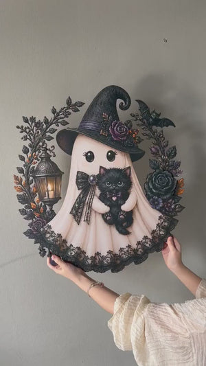 Halloween Ghost Door Hanger, Witch Ghost With Black Cat Wooden Door Sign, Spooky Fall Wall Decor With Jute Twine