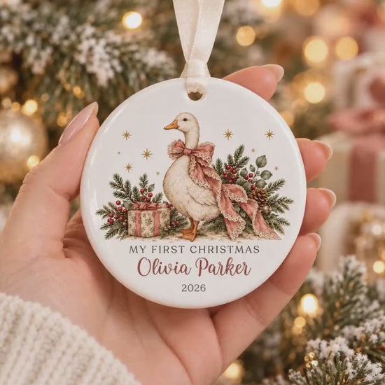 Personalized Baby Girl First Christmas Ornament, Coquette Pink Bow Goose, Custom Name Girls First Xmas Ornament, Baby Girl Keepsake Gift c7a93306-fae0-4dca-8461-ca954fb112a4--edfgnkj.mp4