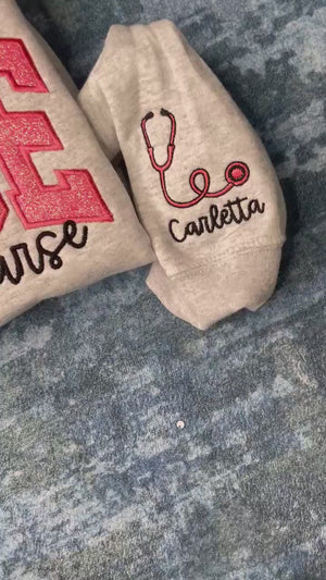 Personalized Nurse Embroidered Sweatshirt: Glitter Stethoscope Sleeve