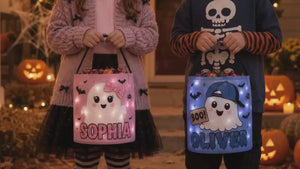 Personalized LED Halloween Trick Or Treat Bag, Custom Name Skeleton Candy Bucket, Light Up Halloween Basket For Kids