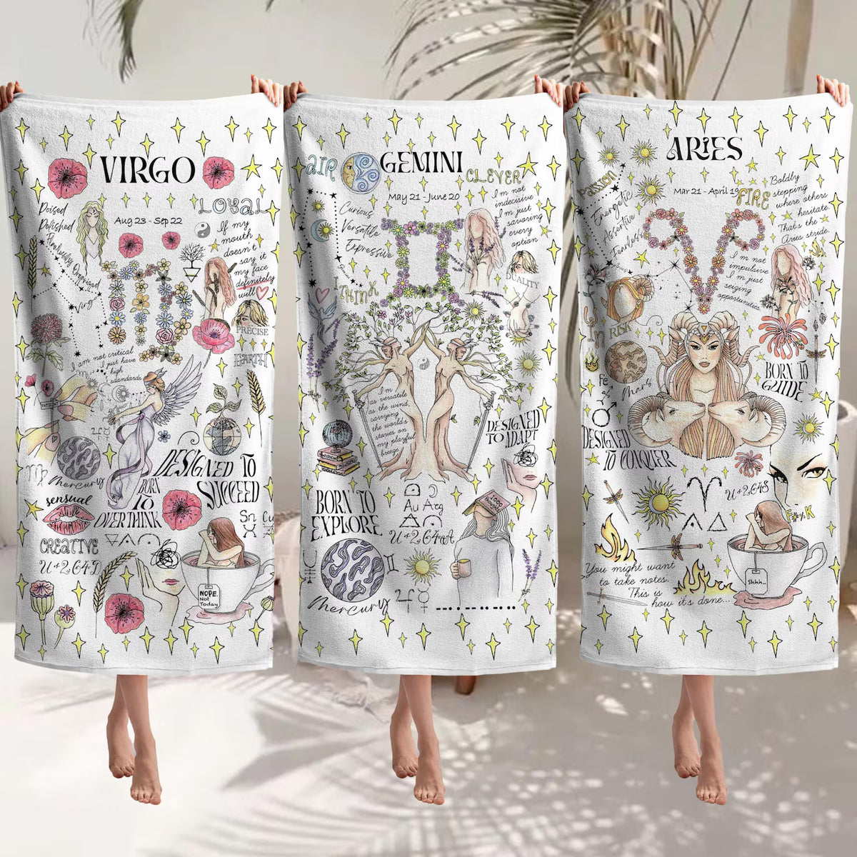 Zodiac Beach Towel Gemini Art Whimsical Summer Cloth Pisces Personalized Birthday Gift Women Astrology Present Daughter