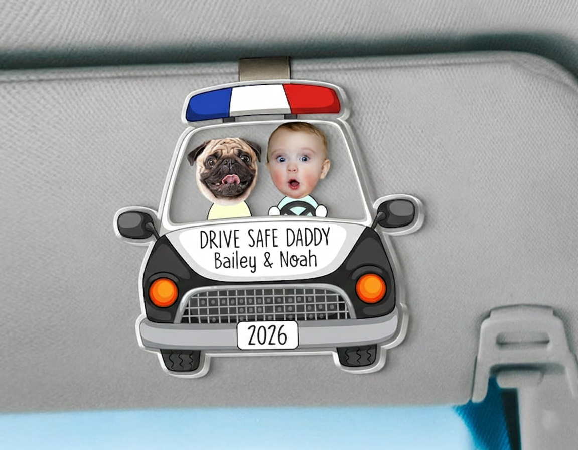 Father's Day Gift for Police Officer, Custom Photo Dad Car Visor Clip, Dad Sun Visor Clip, Drive Safe Daddy, Police Officer Picture Frame