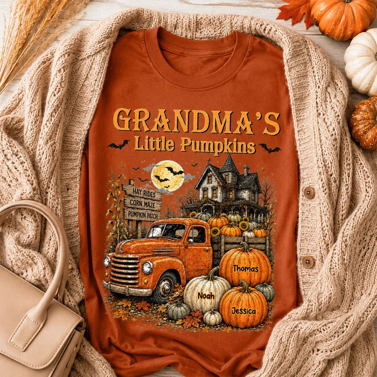 Halloween Town Style Grandma's Little Pumpkins Truck - Personalized Shirt - Halloween Gift For Grandma
