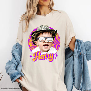 Custom Wavy Graphic Unisex T-shirt Your Photo + Name Personalized Face Comfort Colors Shirts for Husband and Wife Custom Y2K Retro 90s Tee