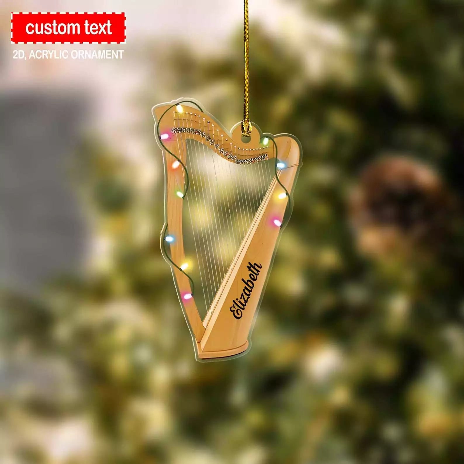 Harp Christmas Lights Ornament Custom Harp 2d Flat Ornament Harp Lover Gift