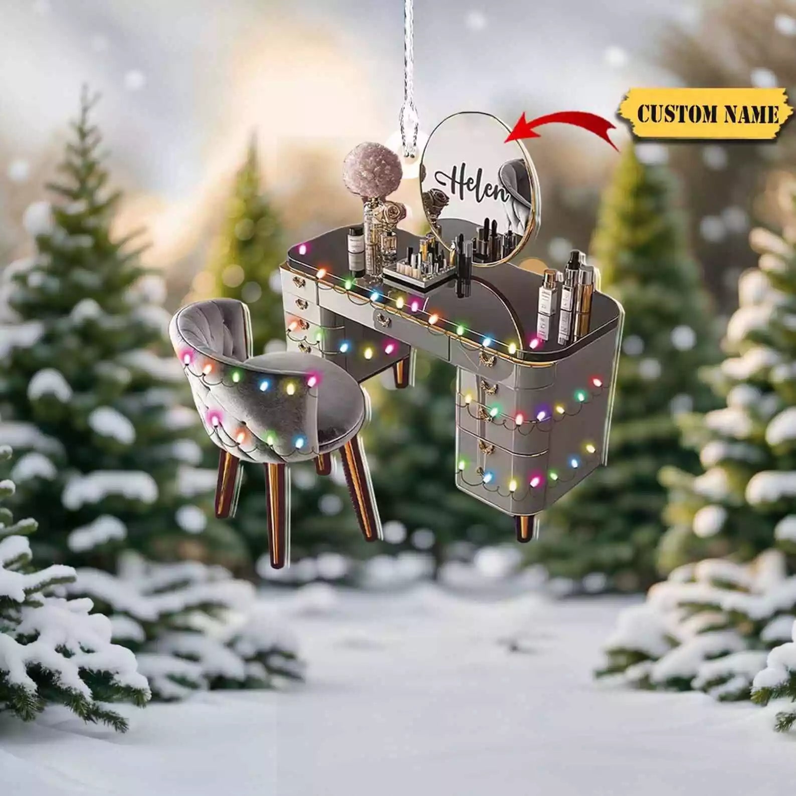 Personalized Vanity Ornament Flat 2d Custom Name Makeup Desk Christmas Decor