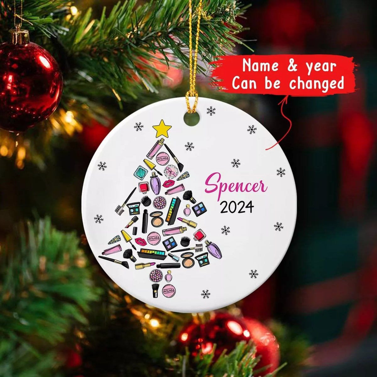 Makeup Artist Christmas Tree Ornament, Personalized Makeup Tools Ceramic Orna...