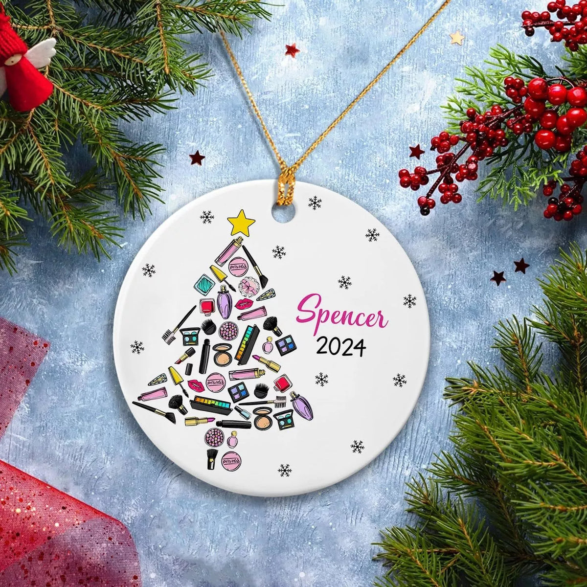 Makeup Artist Christmas Tree Ornament, Personalized Makeup Tools Ceramic Orna...