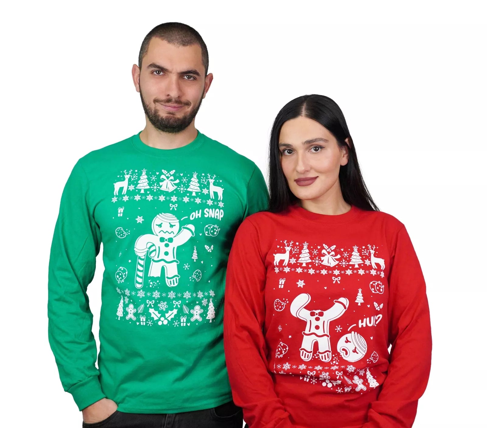 Couple Christmas funny outfits Men's Green Women's red gingerbread cookies shirt