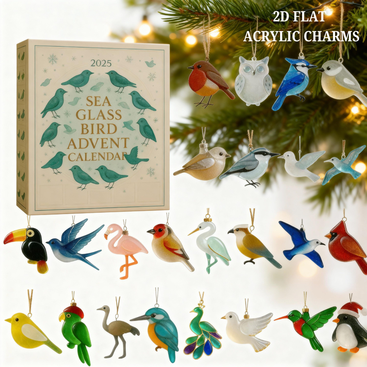 Sea Glass Bird Advent Calendar 2025 With 24 Hanging Ornaments Countdown Christmas Gift For Bird Lovers Tree Decor Holiday Display