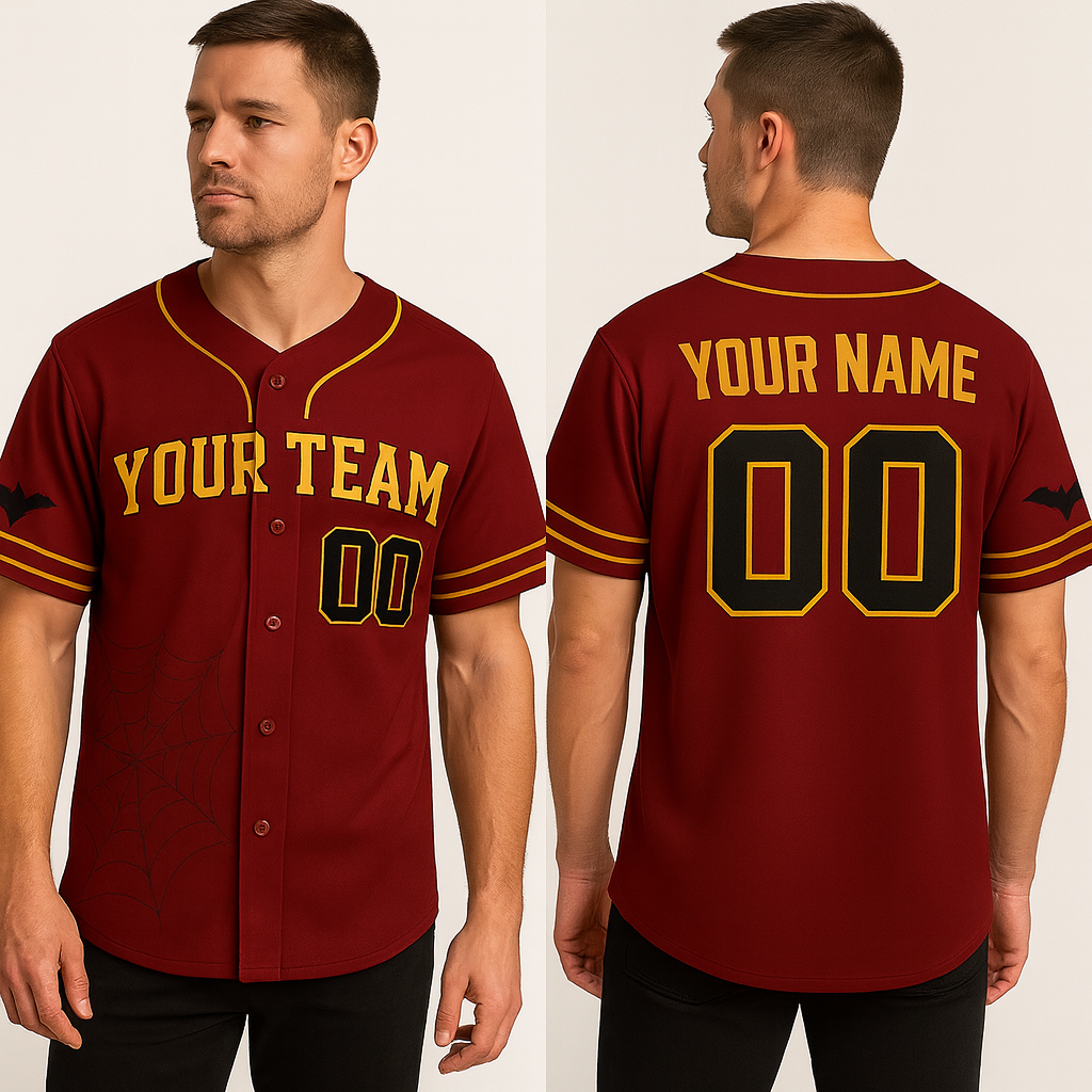 Custom Halloween Baseball Jersey – Personalized Team Name & Number – Red & Gold Sports Jersey