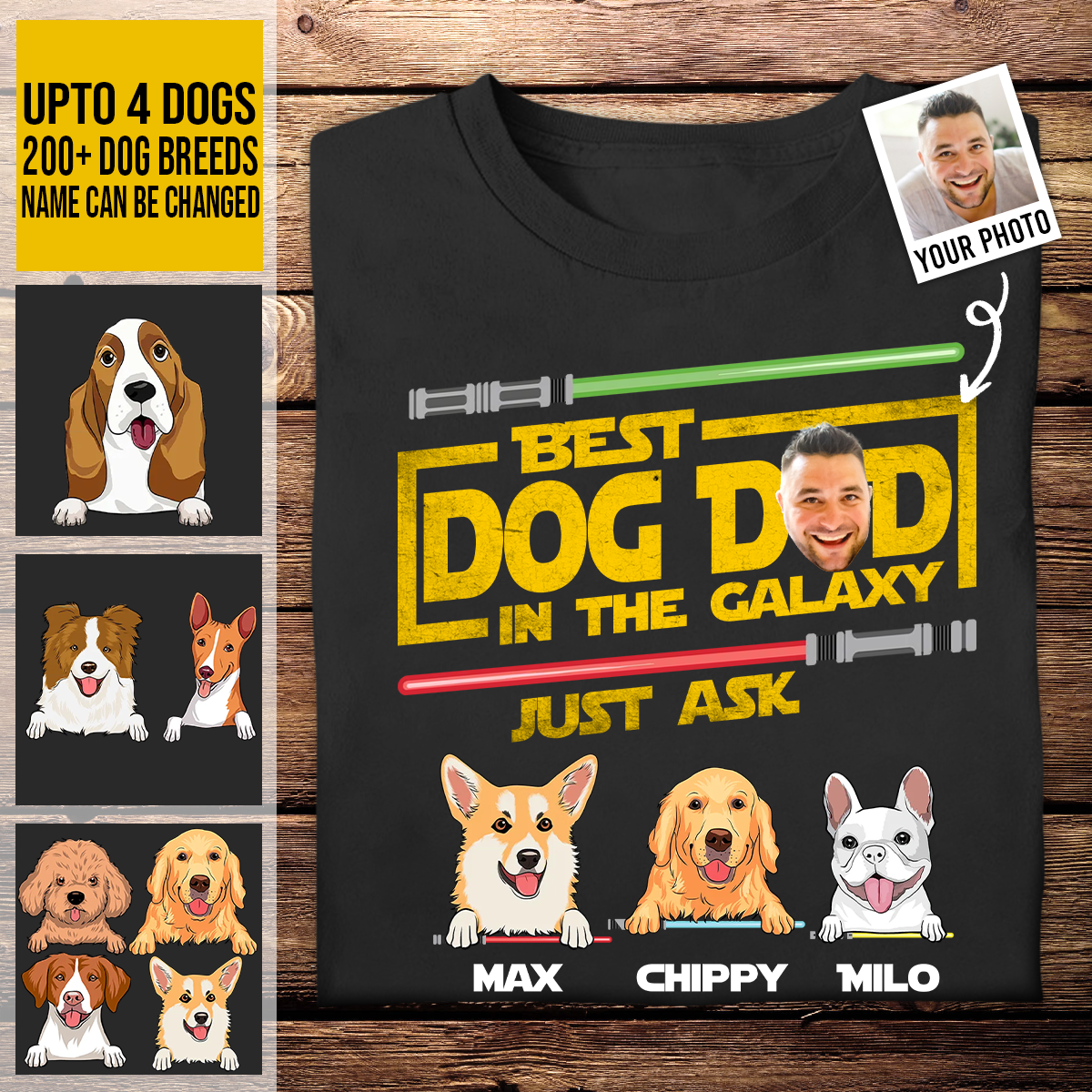 Personalized T-Shirt - Best Dog Dad In The Galaxy - Funny Custom Photo Apparel for Father's Day Birthday Anniversary