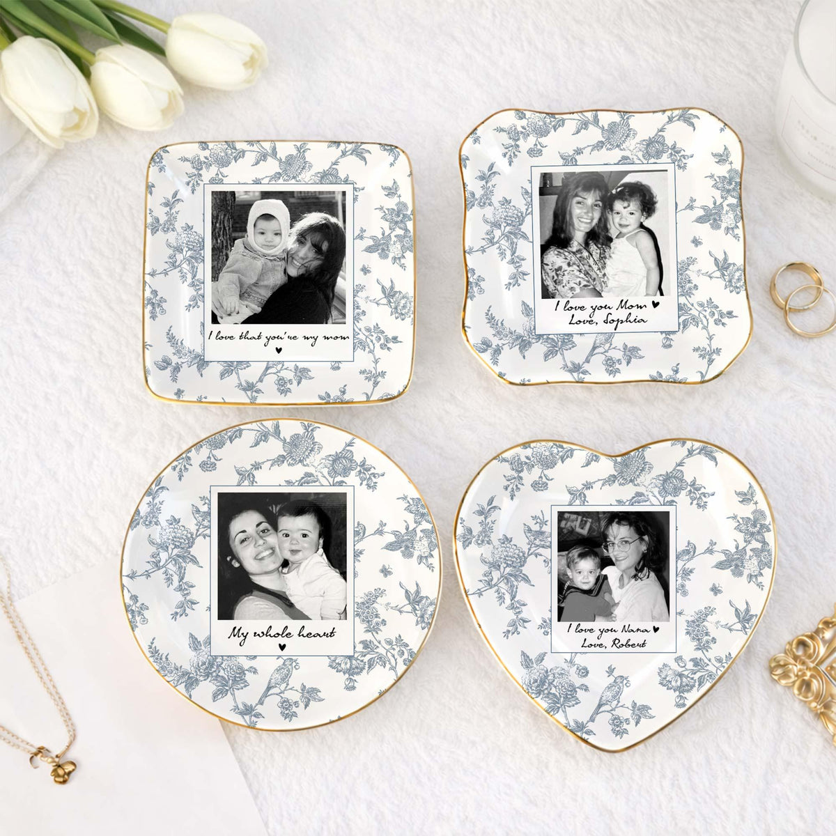 Photo Gift for Mom, Mama Birthday Gifts Jewelry Dish, Toile De Jouy Photo Trinket Tray Mother of the Bride Wedding Day Keepsake