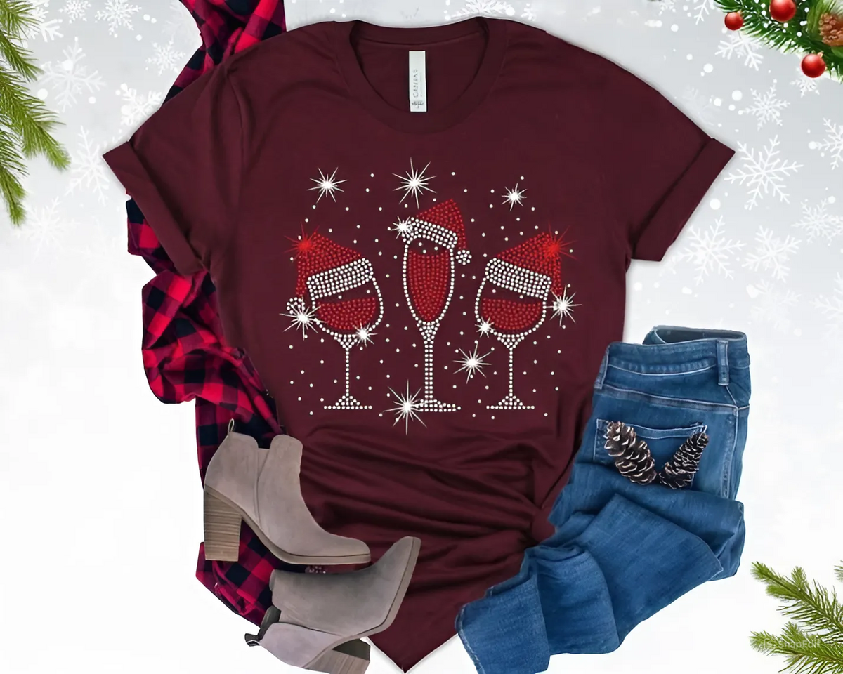 CHRISTMAS WINE GLASSES Tshirt, Wine Glasses Santa Hat Christmas Tee, Ladies xmas TShirt, Red Wine Glass Shirt Funny Christmas, Christmas