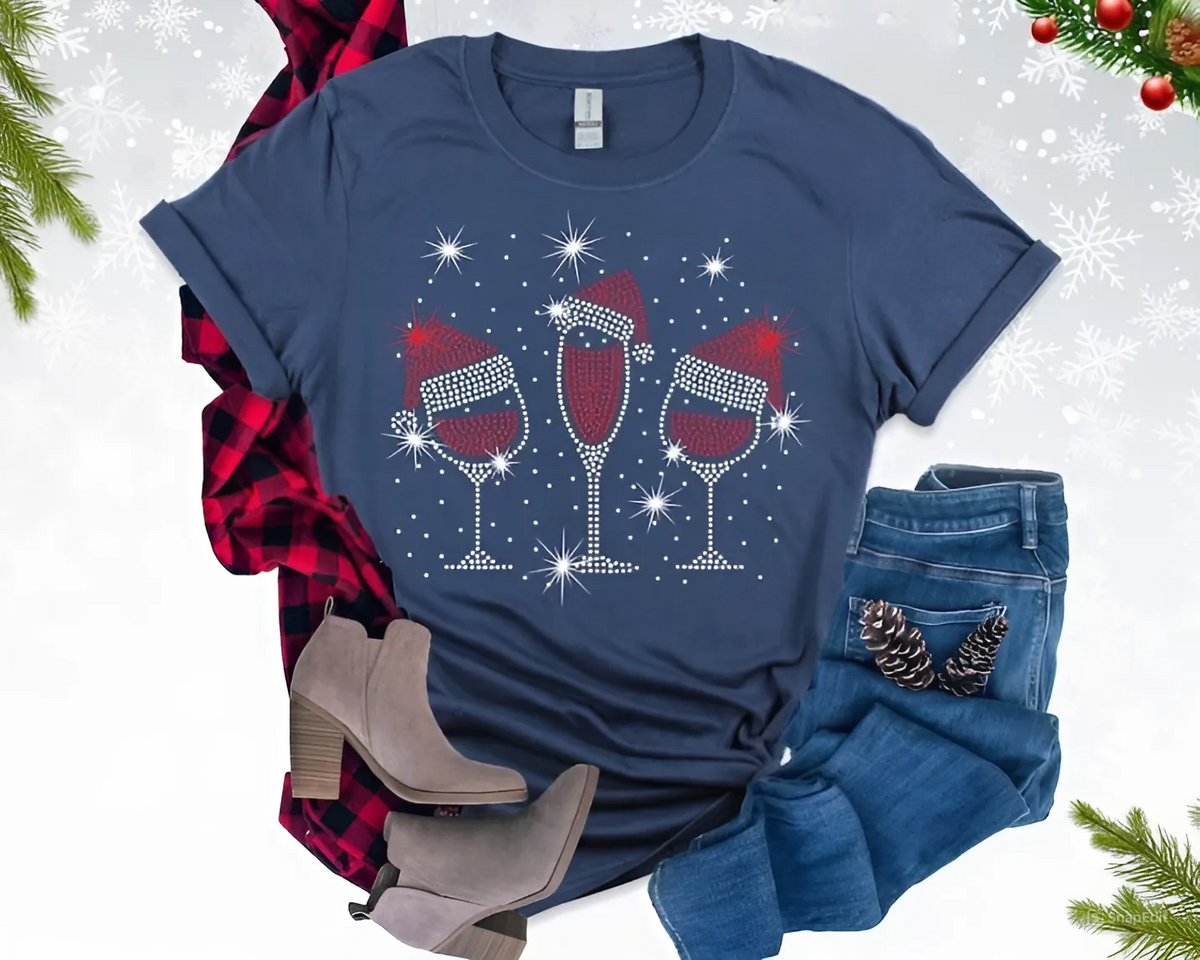 CHRISTMAS WINE GLASSES Tshirt, Wine Glasses Santa Hat Christmas Tee, Ladies xmas TShirt, Red Wine Glass Shirt Funny Christmas, Christmas
