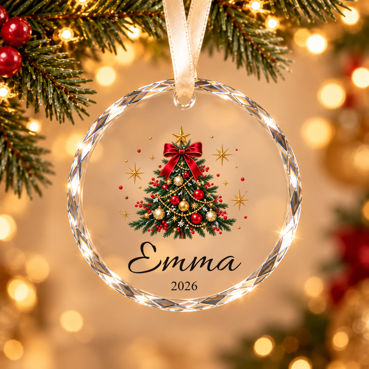 Personalized Christmas tree crystal ornament — Style 1, Emma 2026, hanging holiday scene