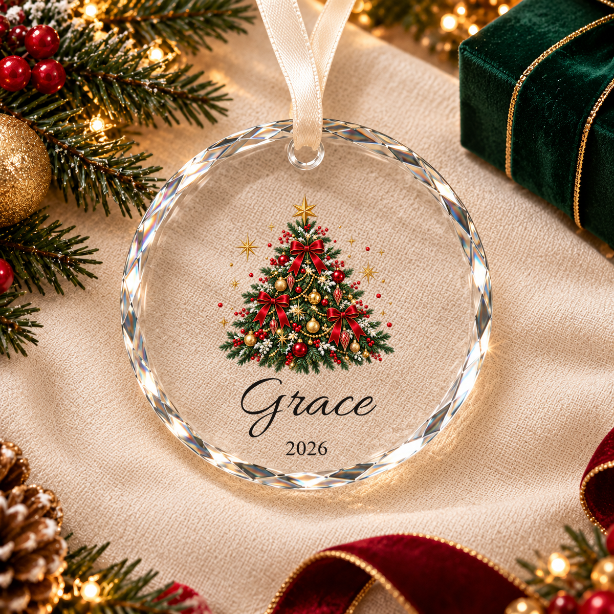 Personalized Christmas tree crystal ornament — Style 2, Grace 2026, linen and green velvet gift scene