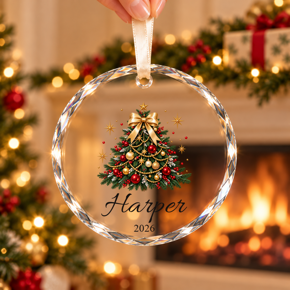 Personalized Christmas tree crystal ornament — Style 3, Harper 2026, hand and fireplace holiday scene