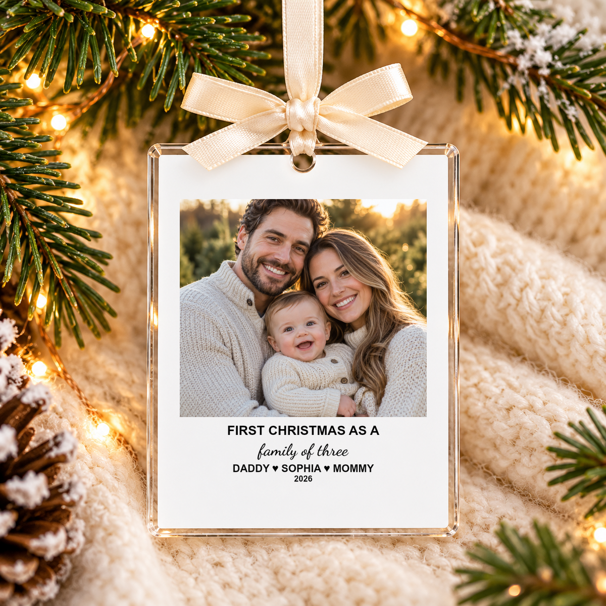 Personalized family photo ornament in a cozy Christmas setting