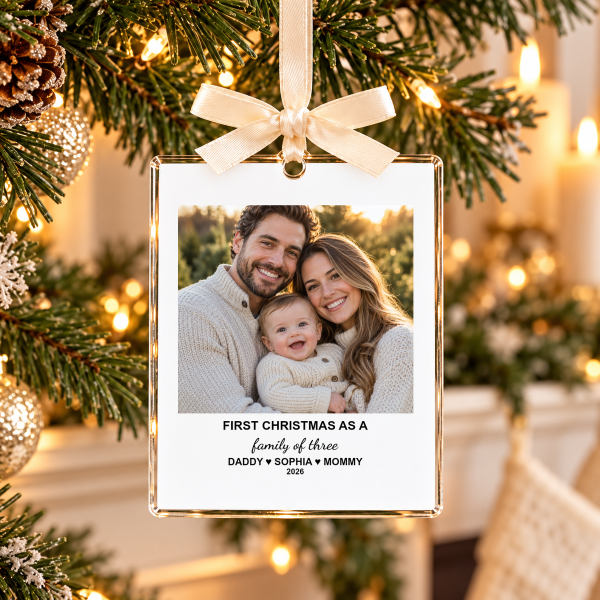 Personalized family photo ornament by a Christmas mantel