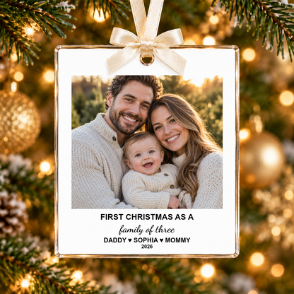 Personalized family photo ornament on a Christmas tree
