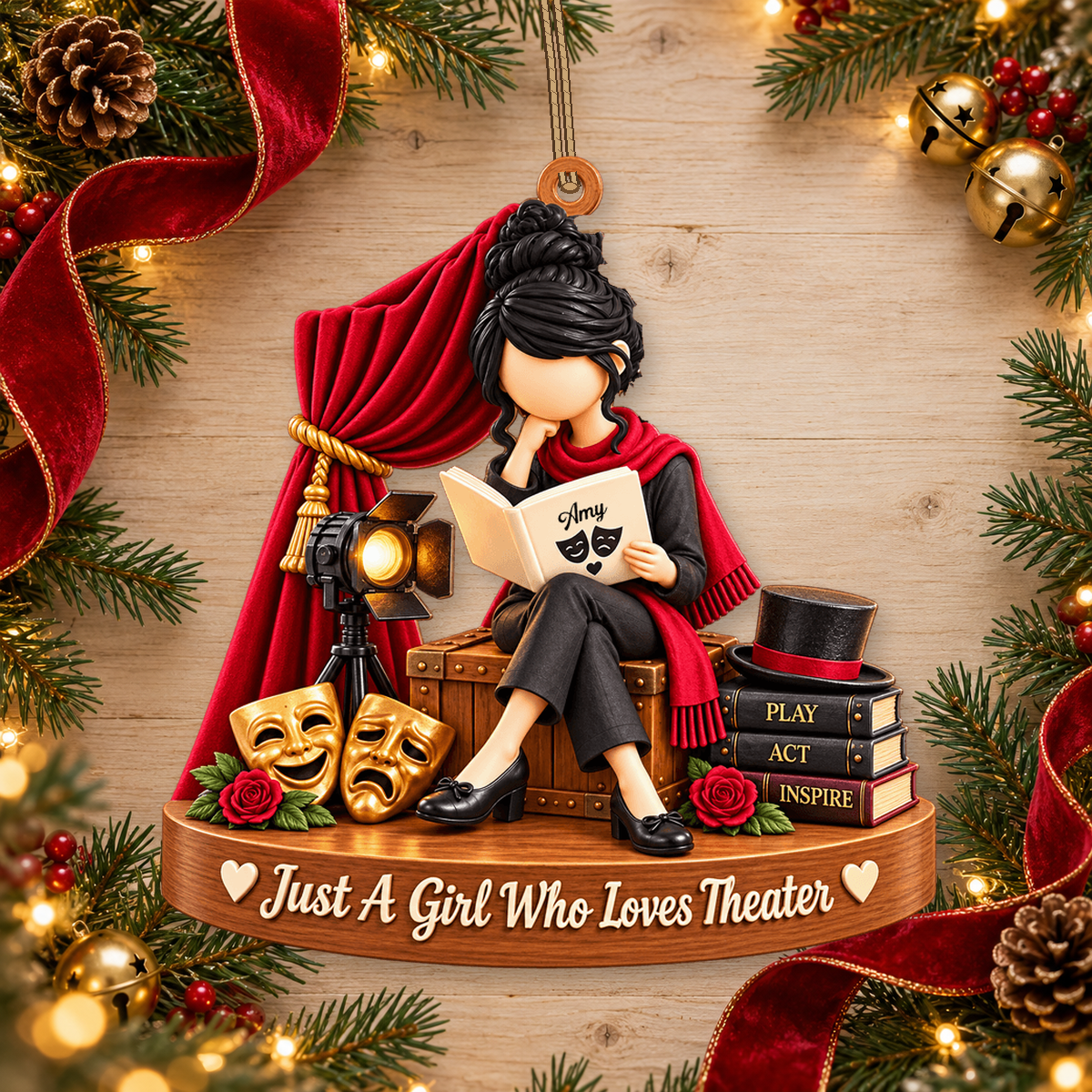 Personalized theater ornament with festive gift decorations