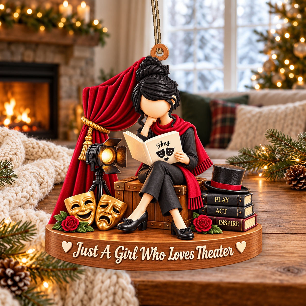 Personalized theater ornament in a cozy Christmas room