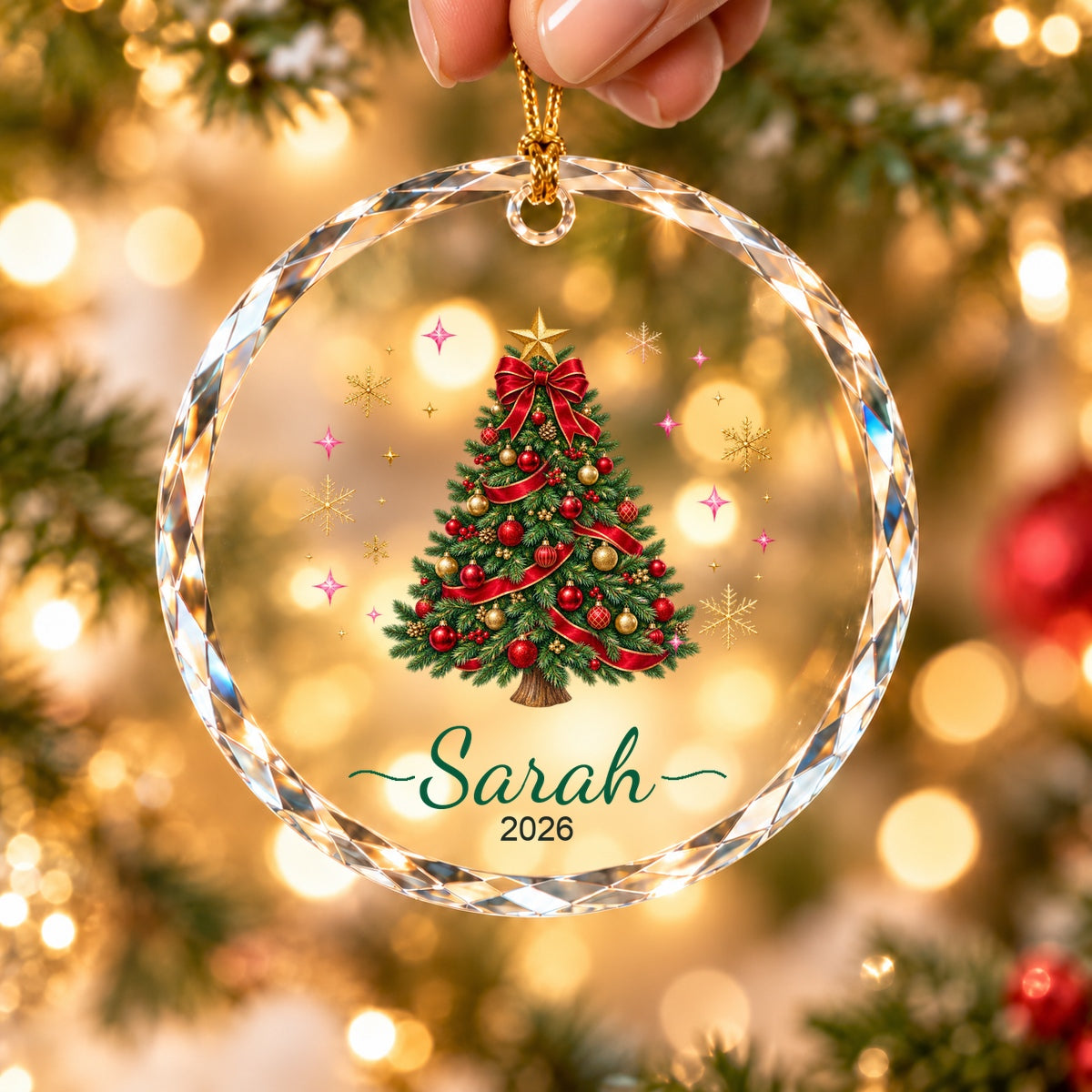 SP04 Christmas tree ornament — green and red design, Sarah 2026 — held by its hanging loop