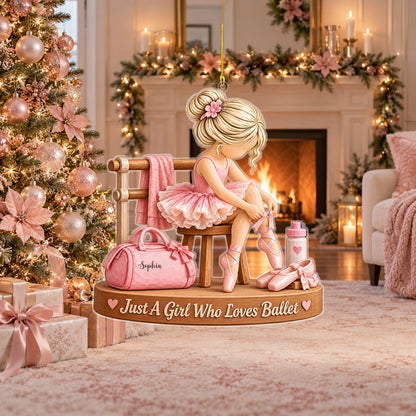 Personalized ballet ornament in a Christmas living room