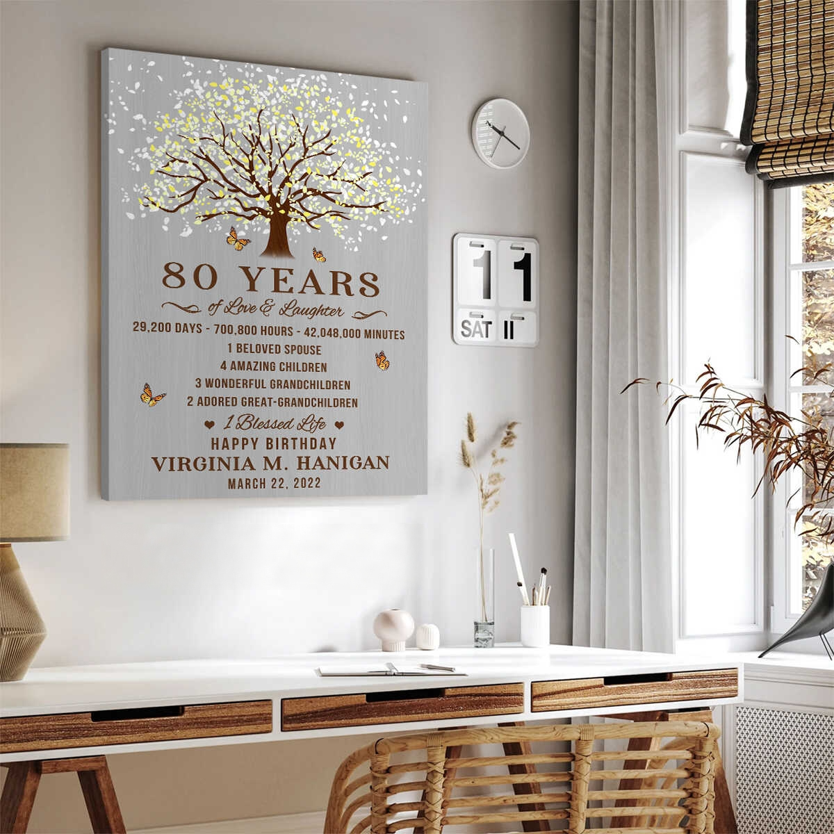 80th Birthday Gift, Personalized 80 Years Happy Birthday Tree Canvas, Grandparent Gift From Grandchildren, Custom Family Tree